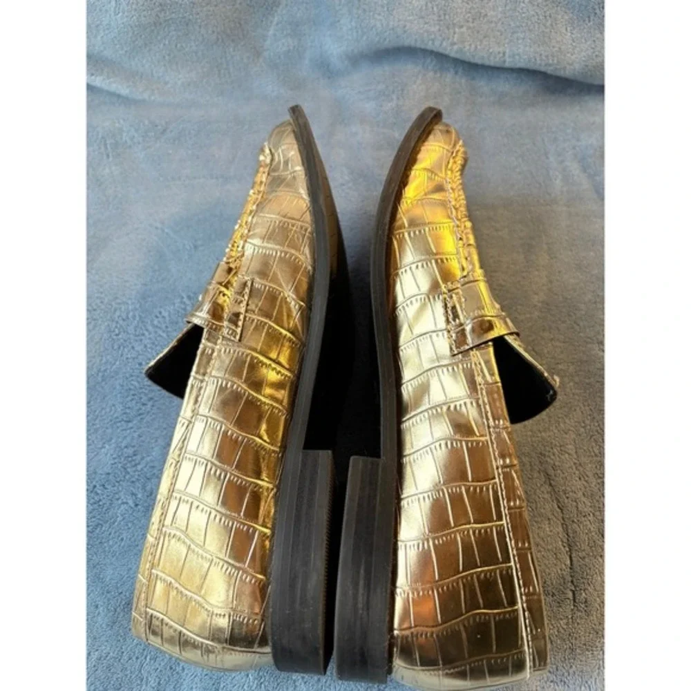 Zara Gold Metallic Croc Embossed Penny Loafers Size 38 Slip On‎ Shoes
